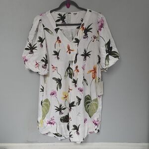 Joie White Floral V-Neck Puff Sleeve Tunic